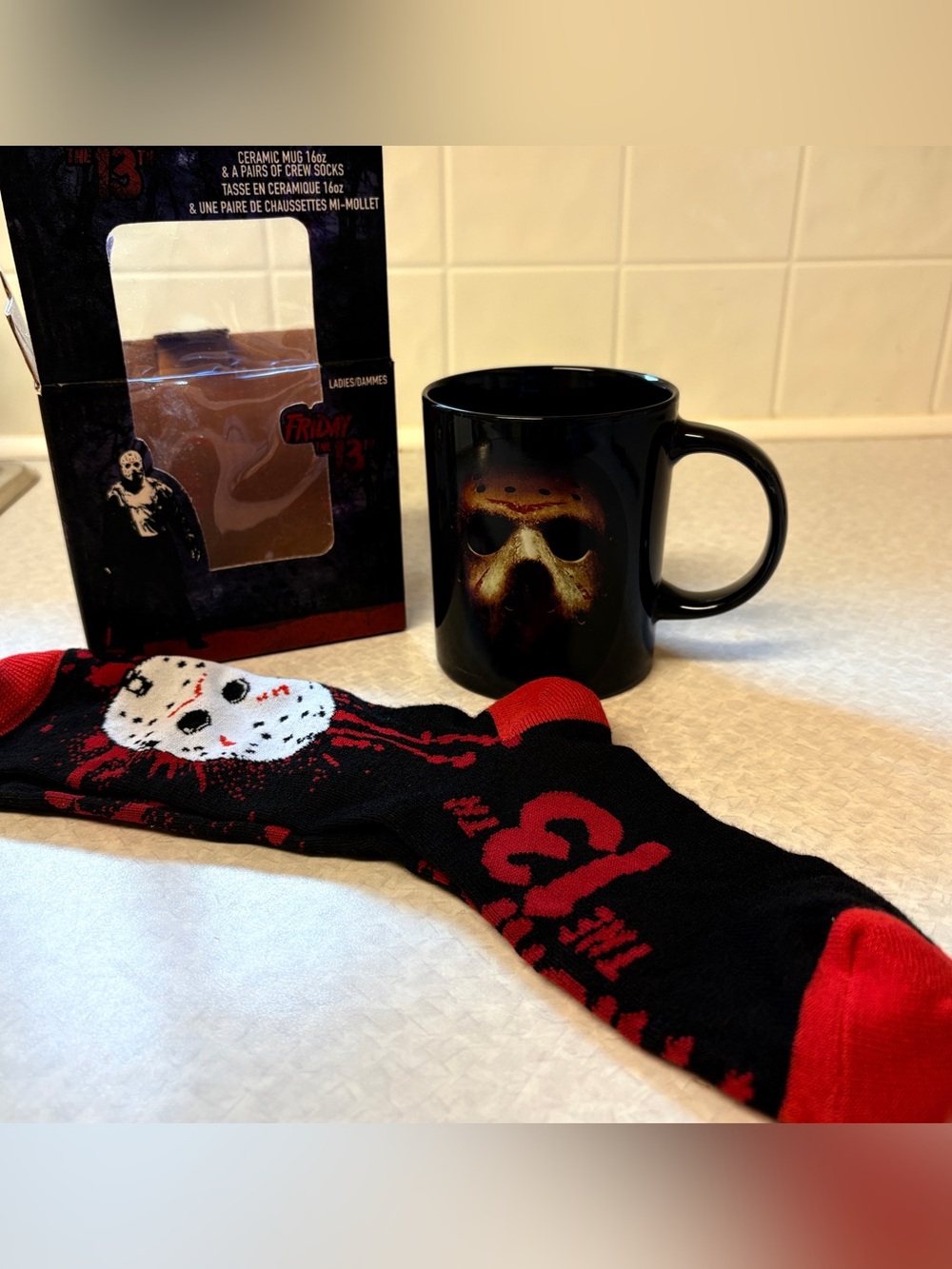 MAD Engine Black & Red Horror Crew Socks of Friday the 13th with Mask Graphic